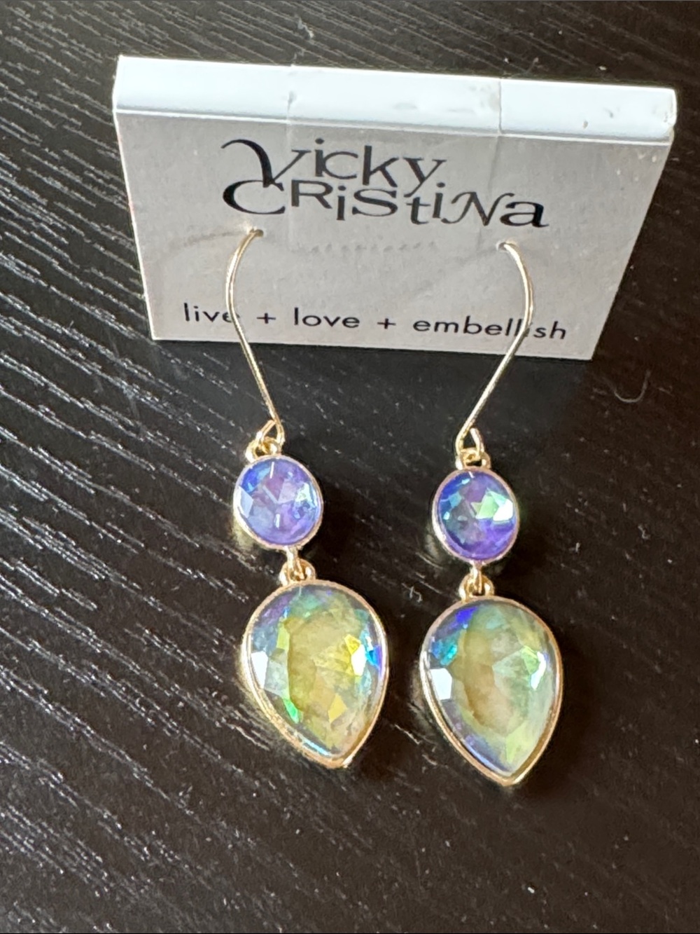 Gold-Tone Iridescent Teardrop Dangle Earrings - Purple/Green